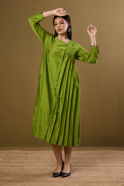 Maati Craft Forest Spice Silk Slub One Side Pleated Button Down Dress