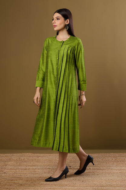 Maati Craft Forest Spice Silk Slub One Side Pleated Button Down Dress