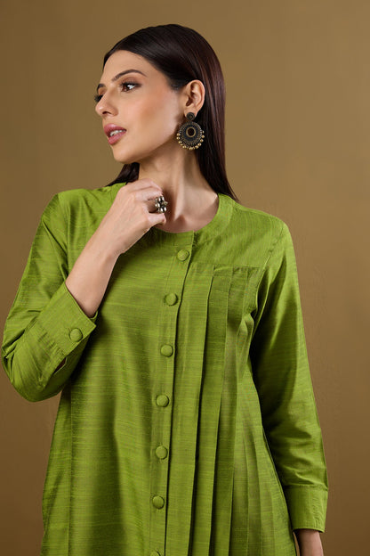 Maati Craft Forest Spice Silk Slub One Side Pleated Button Down Dress