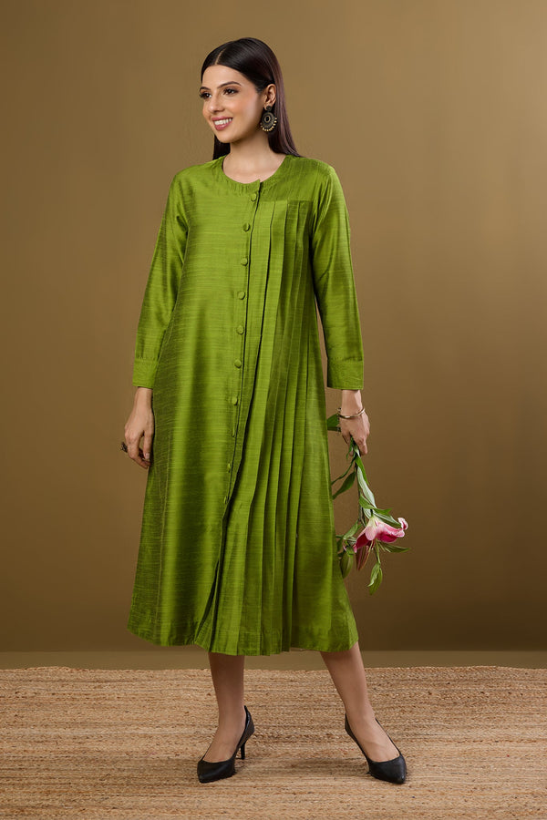 Maati Craft Forest Spice Silk Slub One Side Pleated Button Down Dress