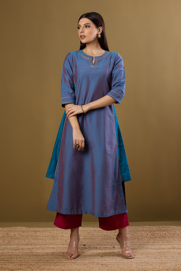 Maati Craft Afterglow in Indigo Silk Slub Long Kurta With Side Twist
