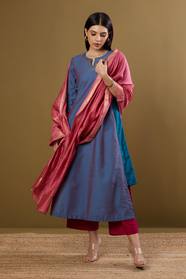 Maati Craft Afterglow in Indigo Silk Slub Long Kurta With Side Twist