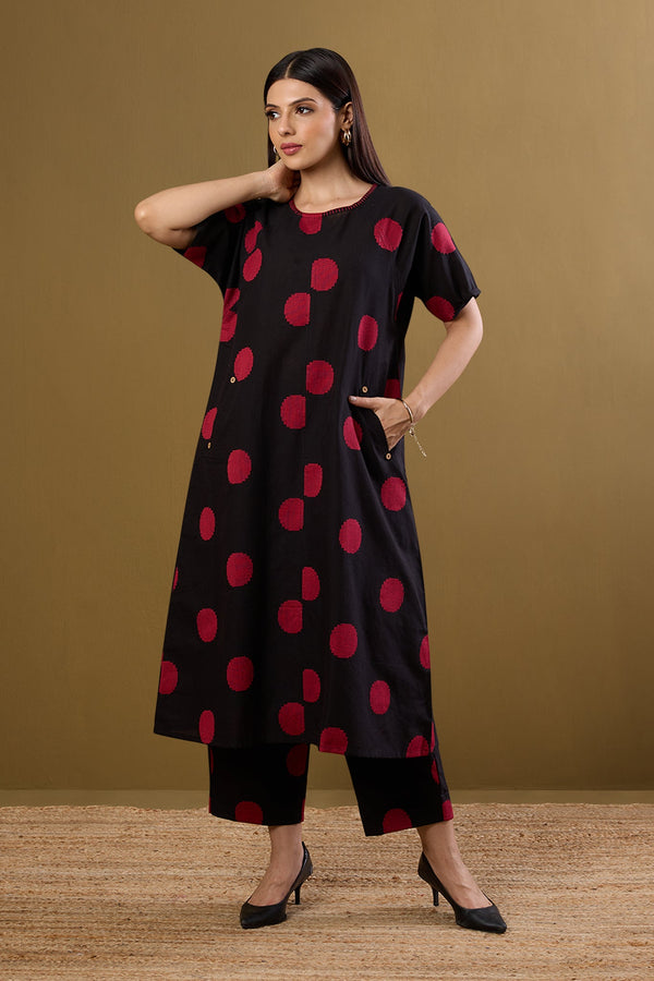 Maati Craft Co-ord set Noir Ruby Dots drop shoulder tunic & pants (set of 2)