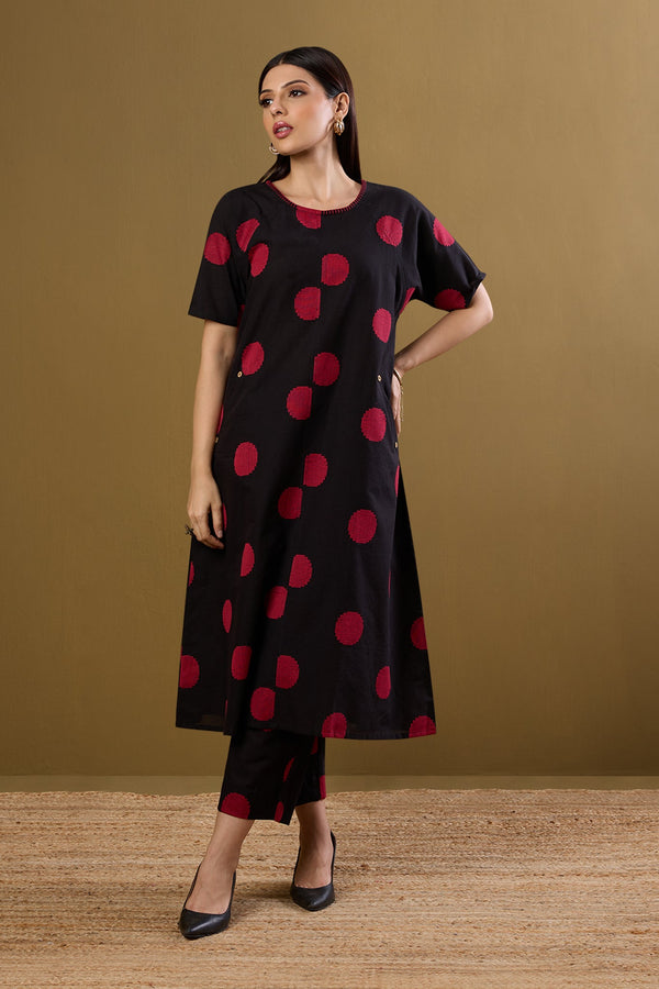Maati Craft Co-ord set Noir Ruby Dots drop shoulder tunic & pants (set of 2)