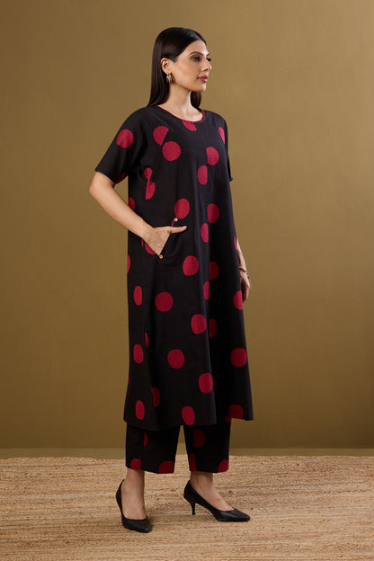 Maati Craft Co-ord set Noir Ruby Dots drop shoulder tunic & pants (set of 2)