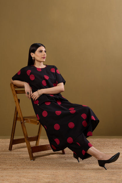 Maati Craft Co-ord set Noir Ruby Dots drop shoulder tunic & pants (set of 2)