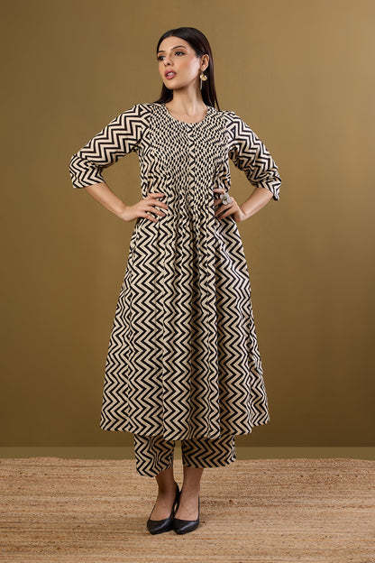 Maati Craft Co-ord Set Bold Noir Chevron Pintuck Long Dress & Pants