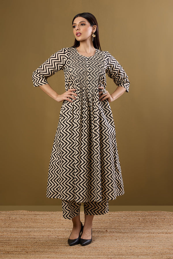 Maati Craft Co-ord Set Bold Noir Chevron Pintuck Long Dress & Pants