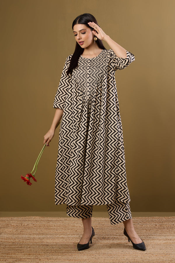 Maati Craft Co-ord Set Bold Noir Chevron Pintuck Long Dress & Pants