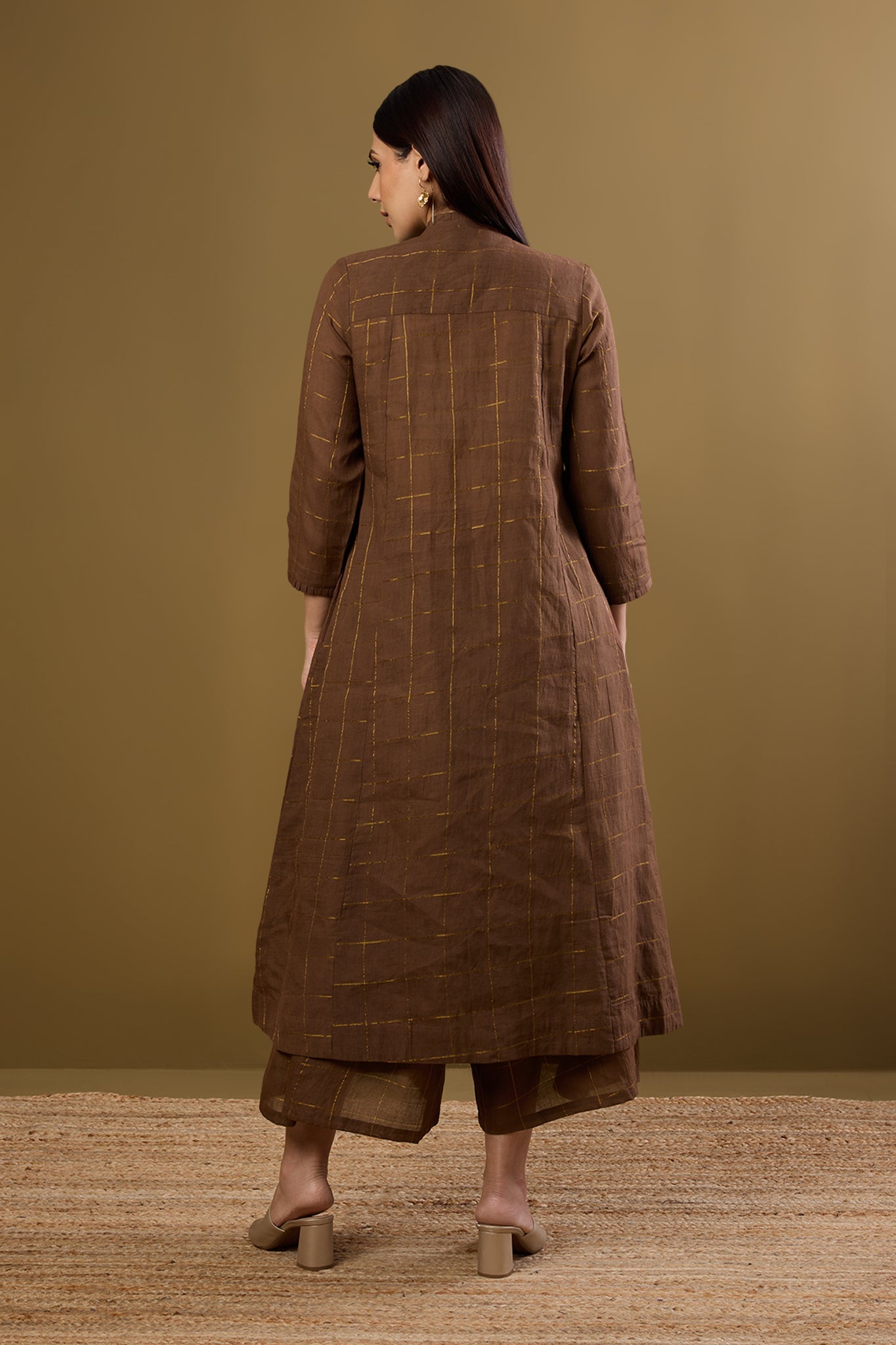 Maati Craft Bronze Gridsong Checkered Pleated Pintuck Button Down Dress