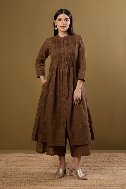 Maati Craft Bronze Gridsong Checkered Pleated Pintuck Button Down Dress