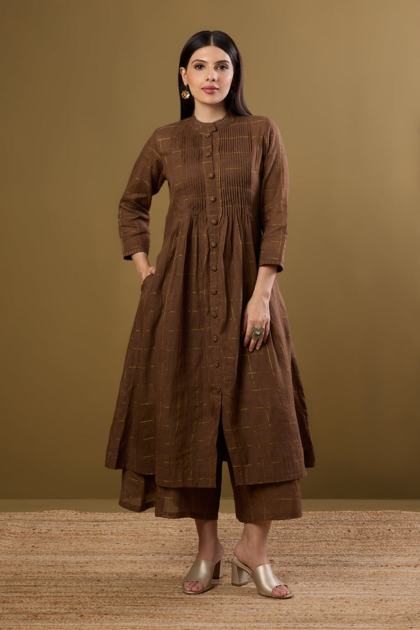 Maati Craft Bronze Gridsong Checkered Pleated Pintuck Button Down Dress