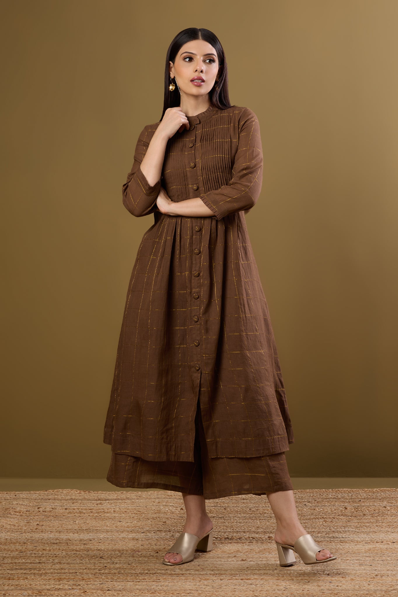 Maati Craft Bronze Gridsong Checkered Pleated Pintuck Button Down Dress