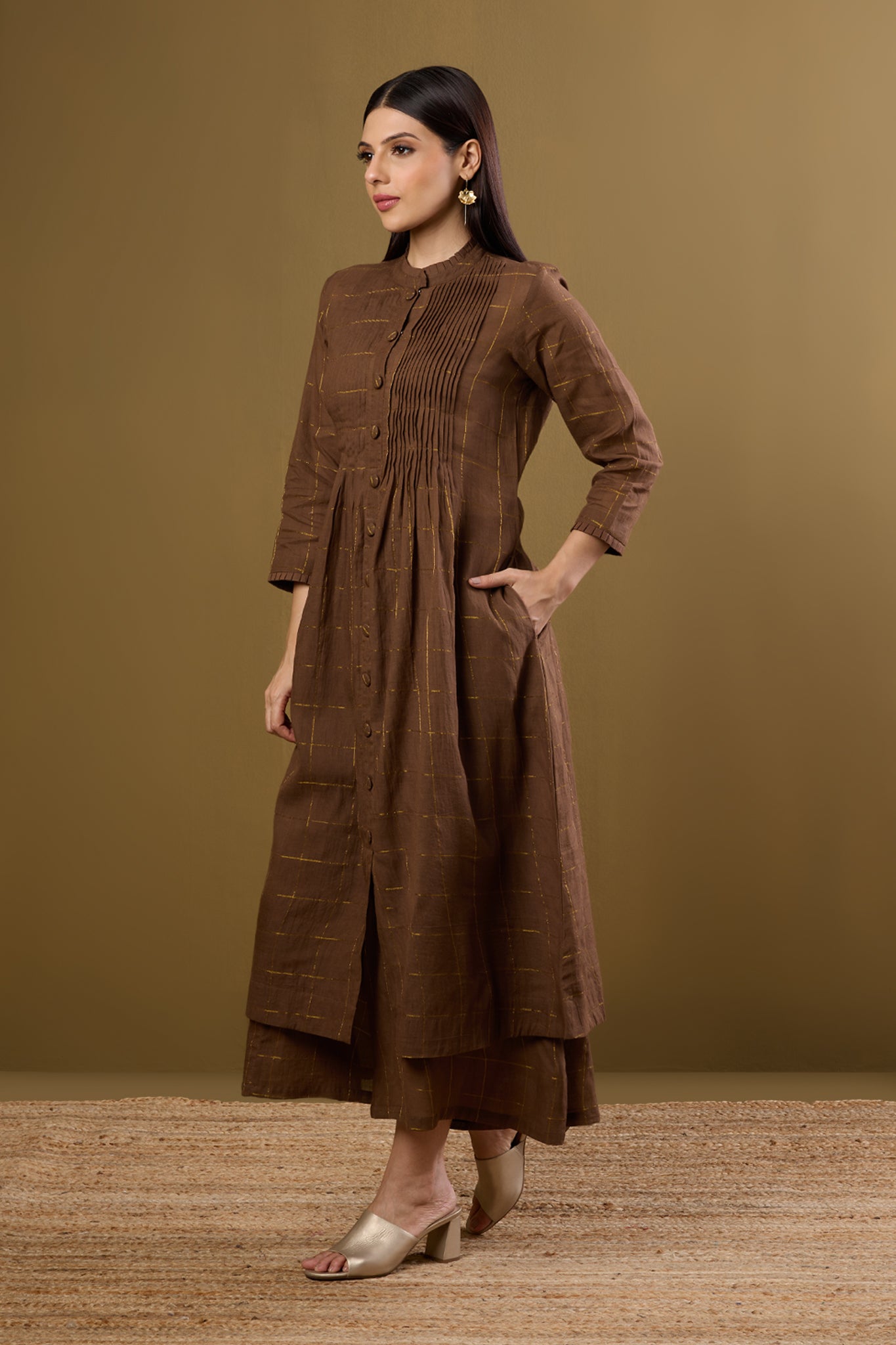Maati Craft Bronze Gridsong Checkered Pleated Pintuck Button Down Dress