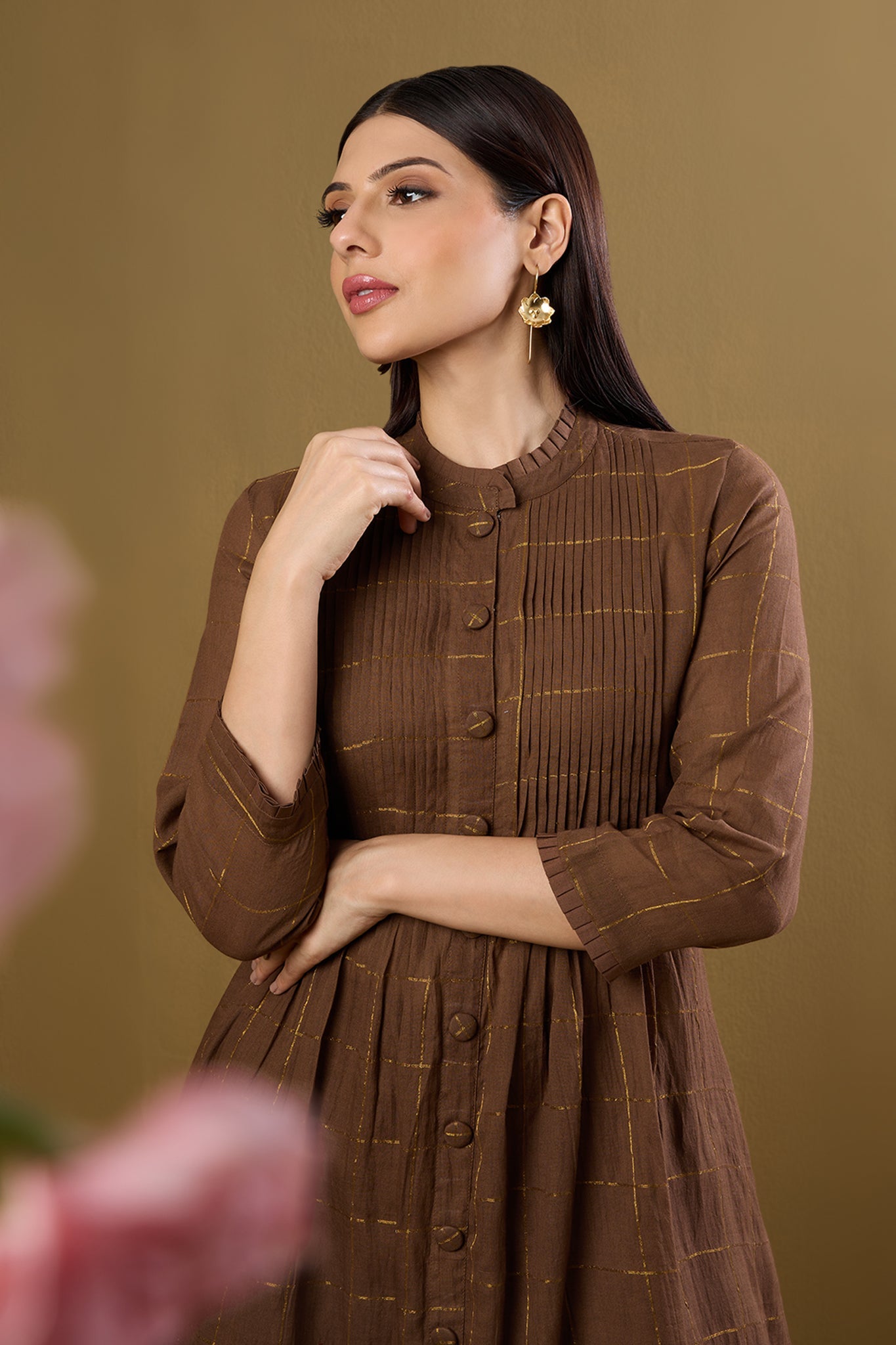 Maati Craft Bronze Gridsong Checkered Pleated Pintuck Button Down Dress