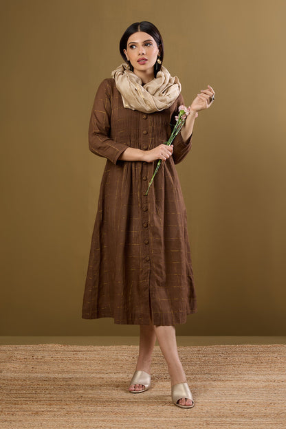 Maati Craft Bronze Gridsong Checkered Pleated Pintuck Button Down Dress