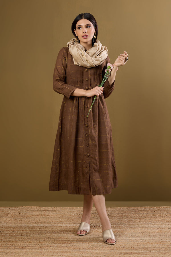 Maati Craft Bronze Gridsong Checkered Pleated Pintuck Button Down Dress