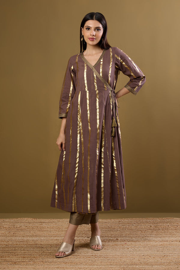 Maati Craft Tie-Up Angrakha Kurta Nutmeg & Gilded Stripes