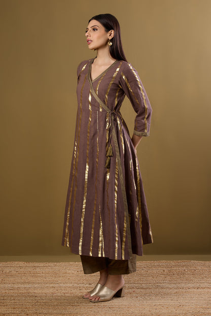 Maati Craft Tie-Up Angrakha Kurta Nutmeg & Gilded Stripes
