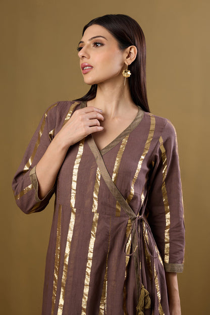 Maati Craft Tie-Up Angrakha Kurta Nutmeg & Gilded Stripes