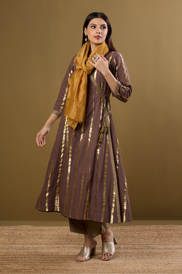 Maati Craft Tie-Up Angrakha Kurta Nutmeg & Gilded Stripes