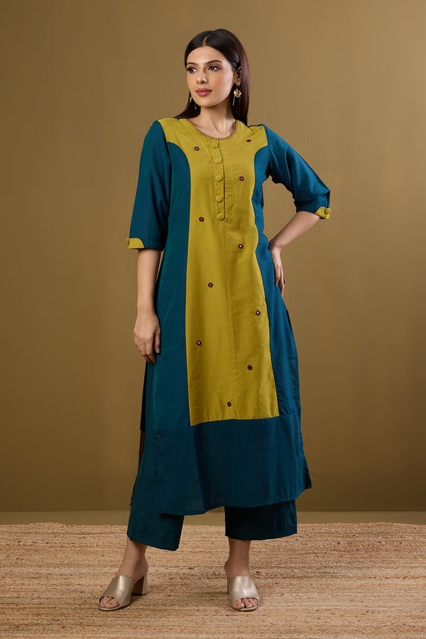 Maati Craft Firelight Blue & Gold Silk Slub Long Panelled Kurta with Slit