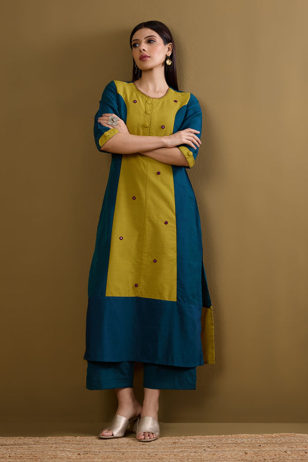 Maati Craft Firelight Blue & Gold Silk Slub Long Panelled Kurta with Slit