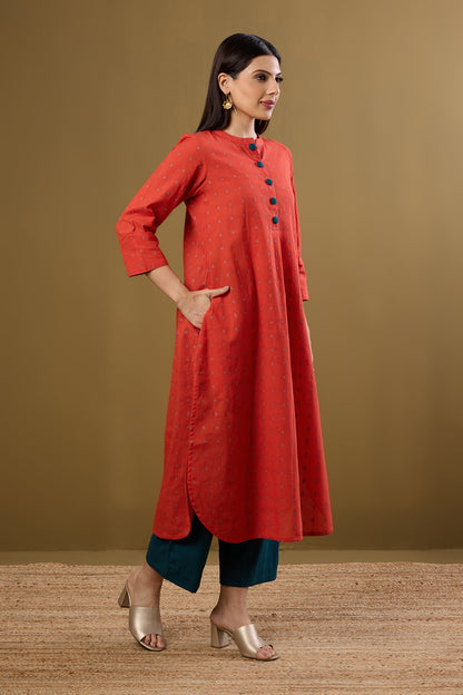 Maati Craft Tangerine Glow & Whispered Dots Stand Collar Kurta with Round Hemline