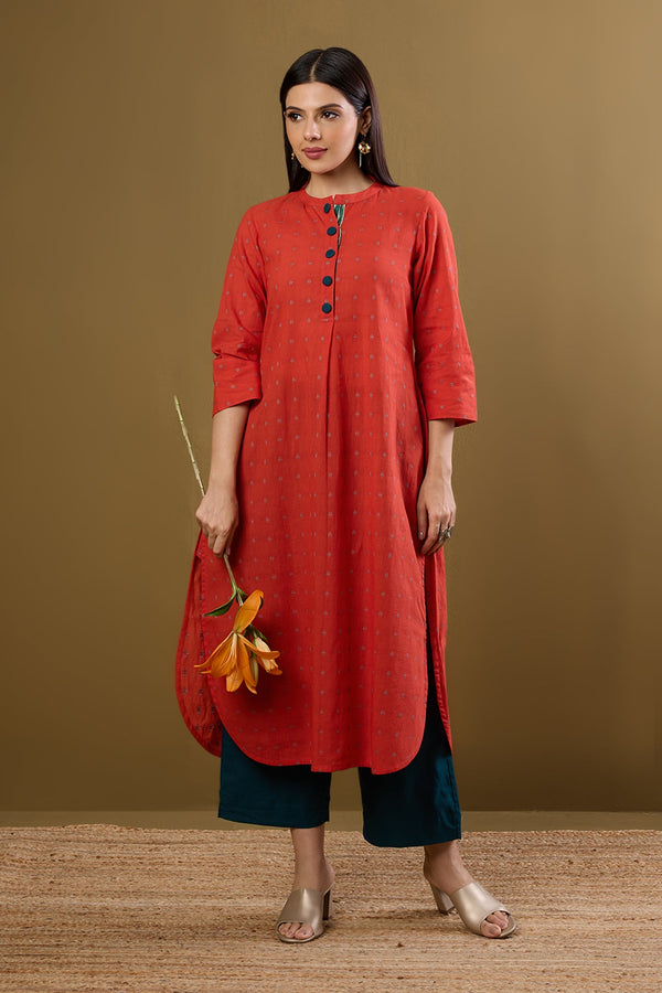 Maati Craft Tangerine Glow & Whispered Dots Stand Collar Kurta with Round Hemline