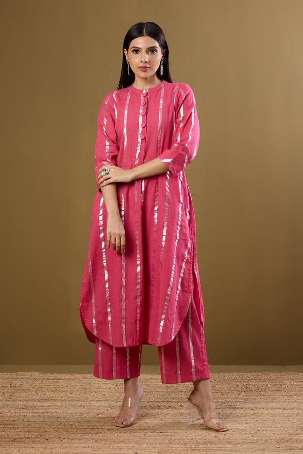 Maati Craft Co-ord Set Petal Pink & Moonbeam Silver Stand Collar Kurta with Round Hemline