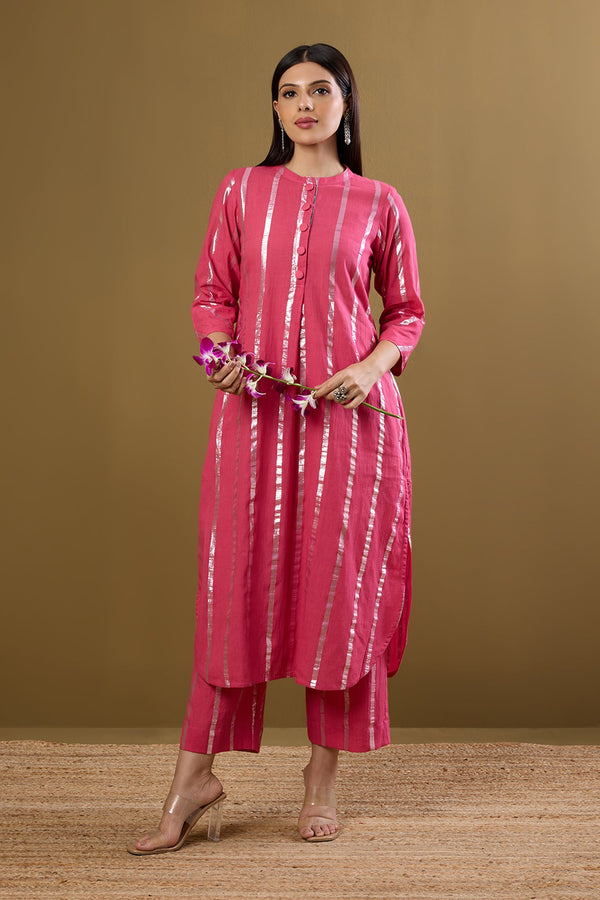 Maati Craft Co-ord Set Petal Pink & Moonbeam Silver Stand Collar Kurta with Round Hemline