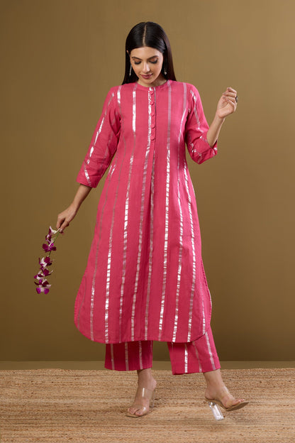 Maati Craft Co-ord Set Petal Pink & Moonbeam Silver Stand Collar Kurta with Round Hemline