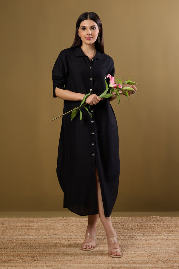 Maati Craft Obsidian Veil Silk Slub Long Shirt Dress