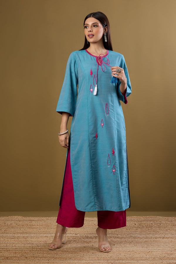 Maati Craft Whispers of Pine Blue Silk Silk Slub Long Kurta with Slit