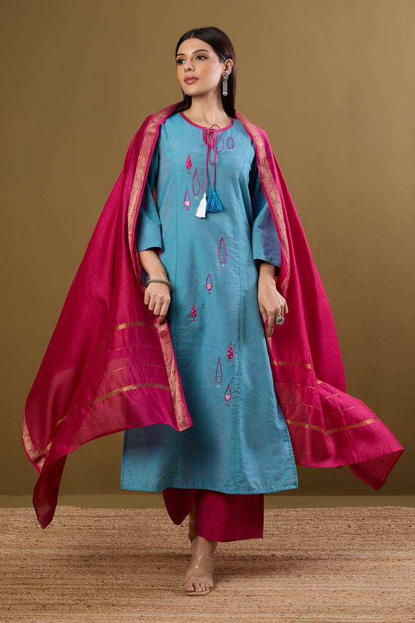 Maati Craft Whispers of Pine Blue Silk Silk Slub Long Kurta with Slit