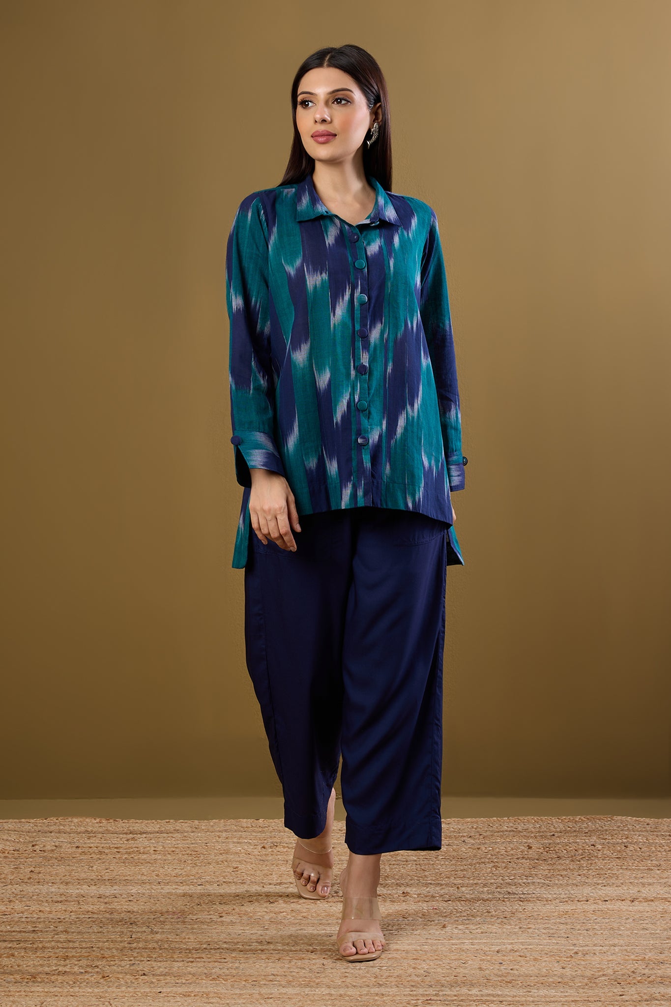 Maati Craft Teal Meadow High Low Hem Cotton Shirt