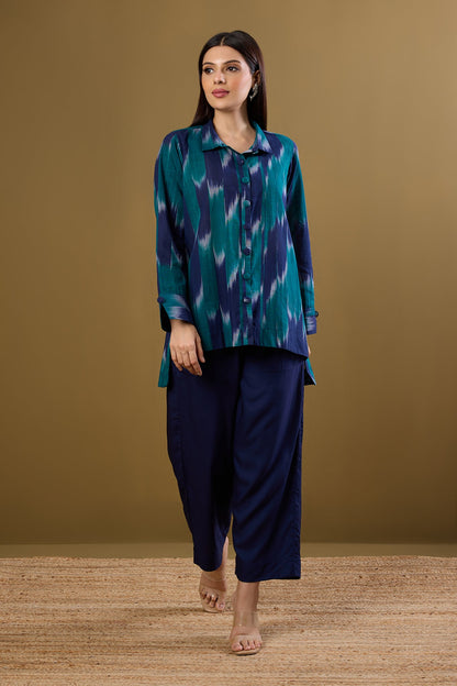 Maati Craft Teal Meadow High Low Hem Cotton Shirt