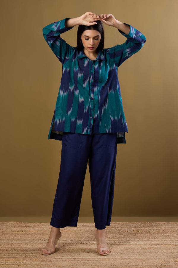 Maati Craft Teal Meadow High Low Hem Cotton Shirt