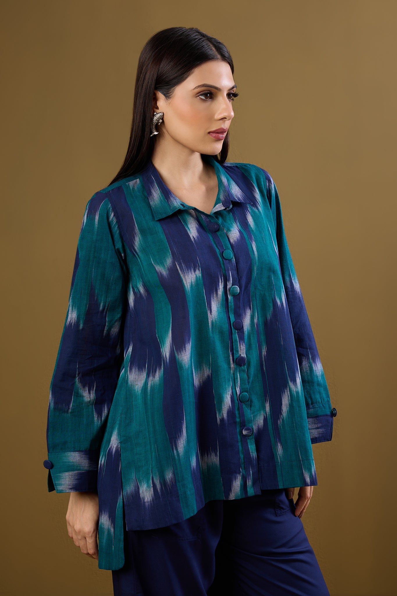Maati Craft Teal Meadow High Low Hem Cotton Shirt