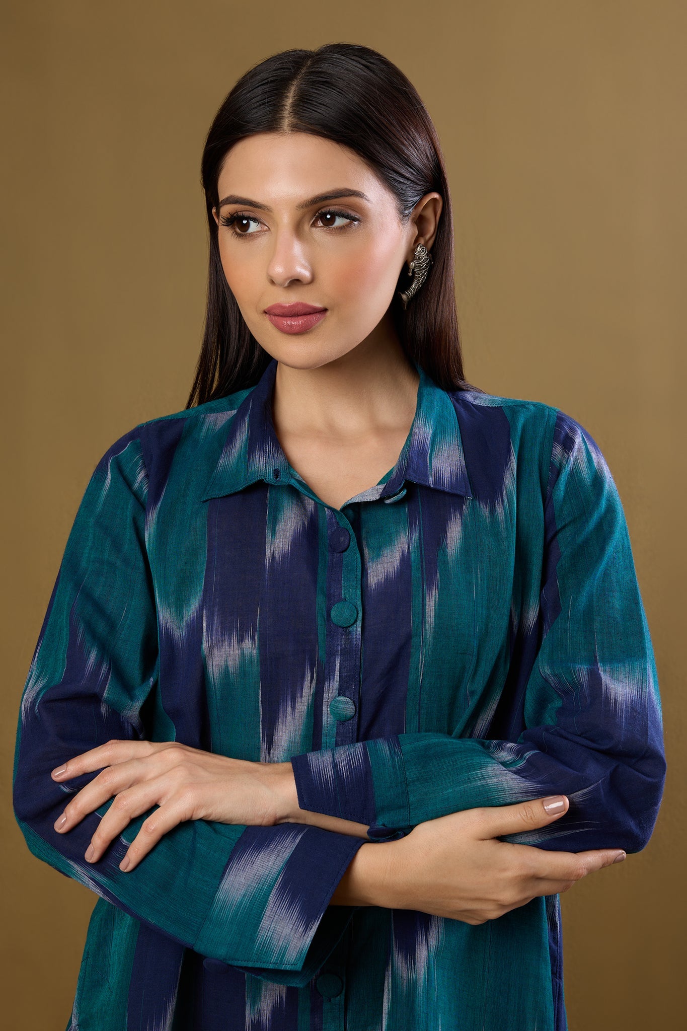 Maati Craft Teal Meadow High Low Hem Cotton Shirt