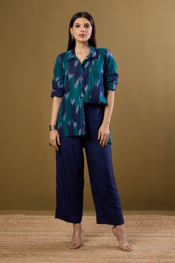 Maati Craft Teal Meadow High Low Hem Cotton Shirt