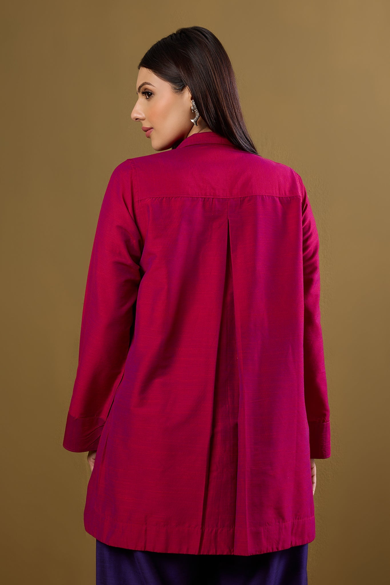 Maati Craft Fuchsia Fest High Low Hem Luxe Silk Slub Shirt