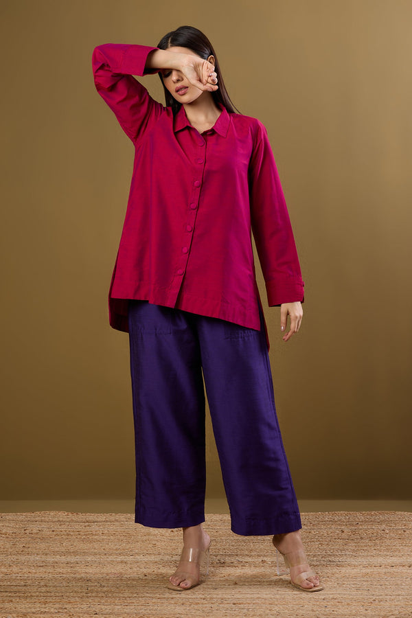 Maati Craft Fuchsia Fest High Low Hem Luxe Silk Slub Shirt