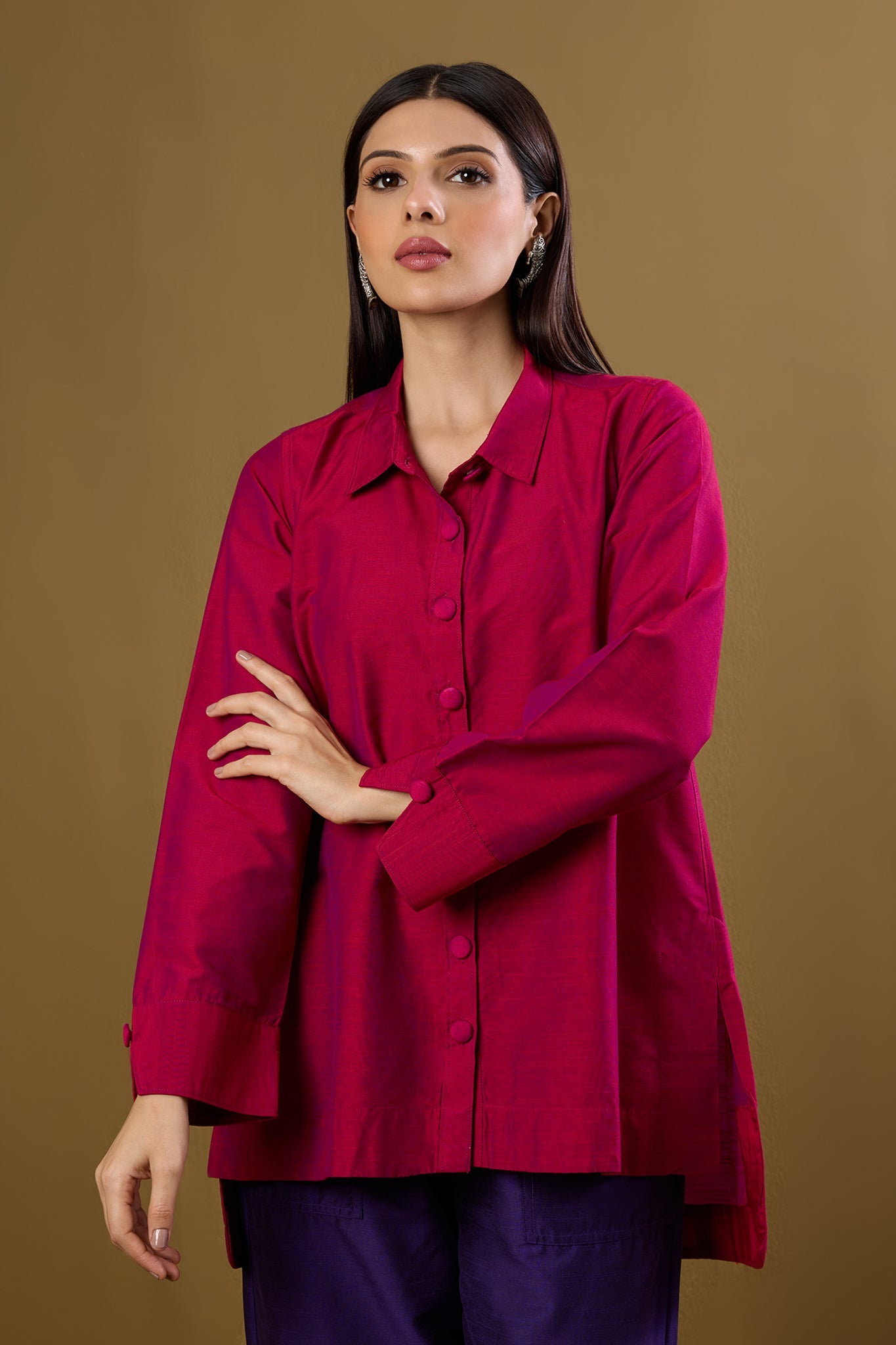 Maati Craft Fuchsia Fest High Low Hem Luxe Silk Slub Shirt