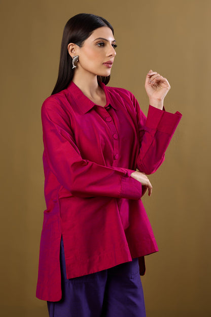 Maati Craft Fuchsia Fest High Low Hem Luxe Silk Slub Shirt