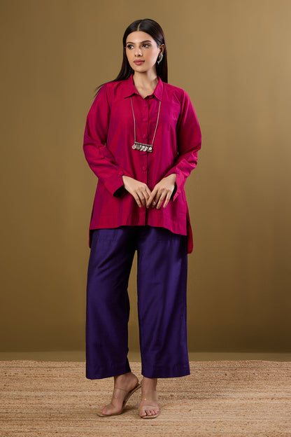 Maati Craft Fuchsia Fest High Low Hem Luxe Silk Slub Shirt