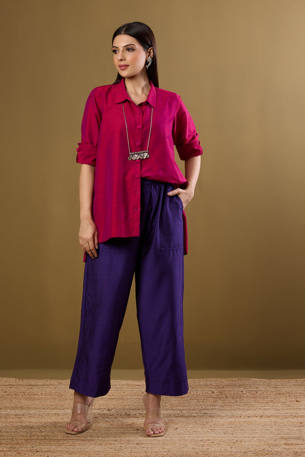 Maati Craft Fuchsia Fest High Low Hem Luxe Silk Slub Shirt