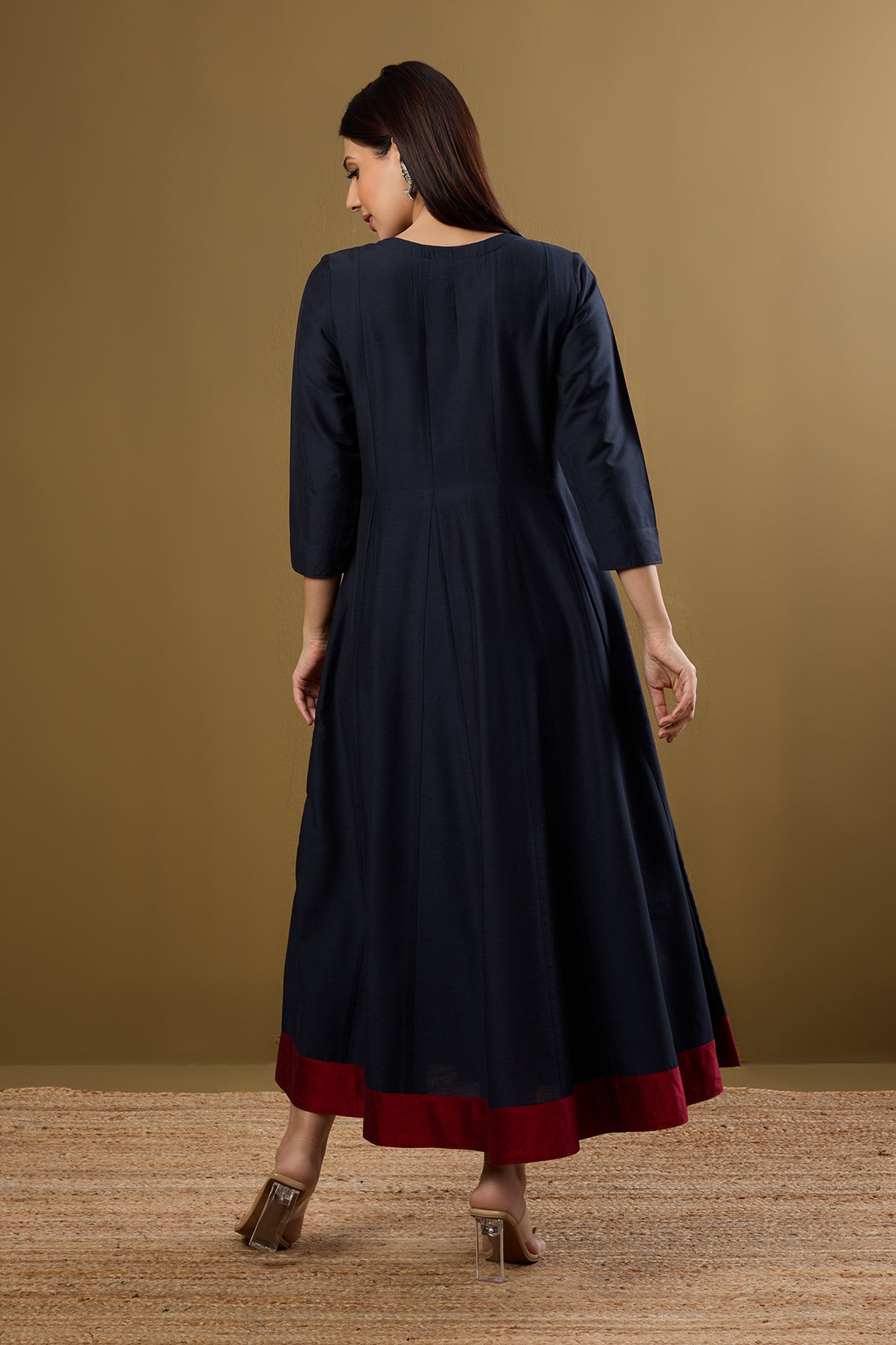 Maati Craft Indigo Rosefall Luxe Silk Slub Long Maxi Dress with Sleeves