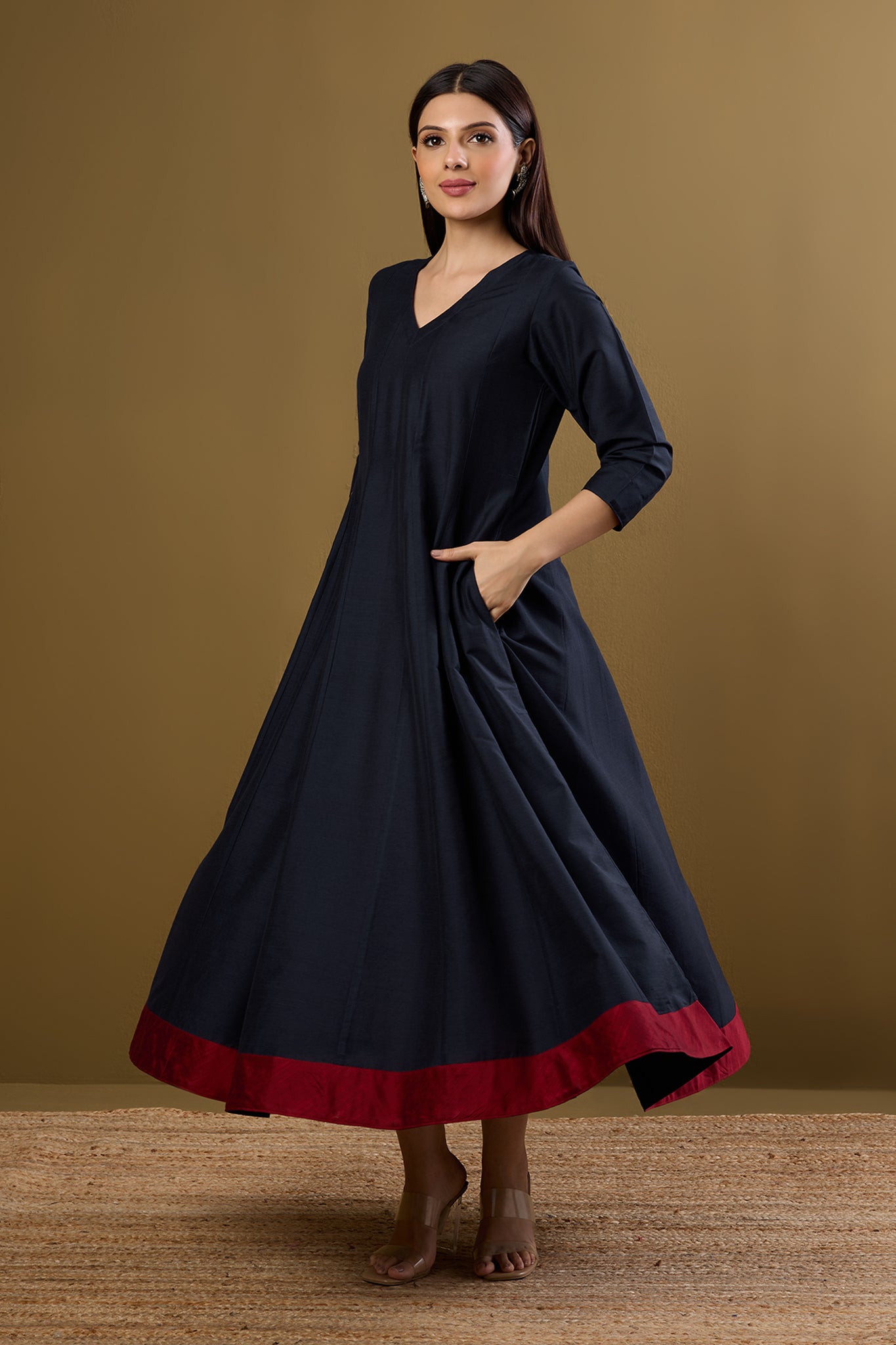 Maati Craft Indigo Rosefall Luxe Silk Slub Long Maxi Dress with Sleeves