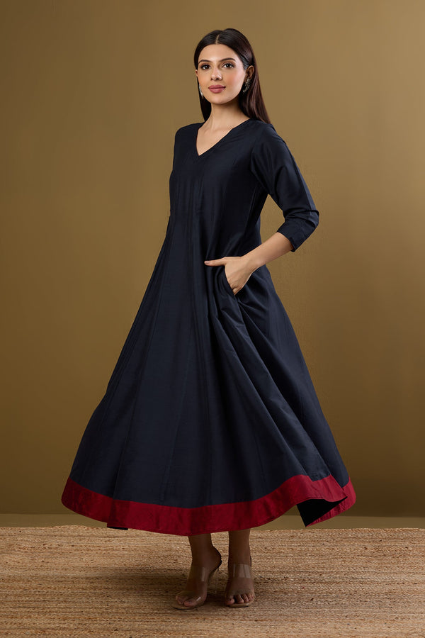 Maati Craft Indigo Rosefall Luxe Silk Slub Long Maxi Dress with Sleeves